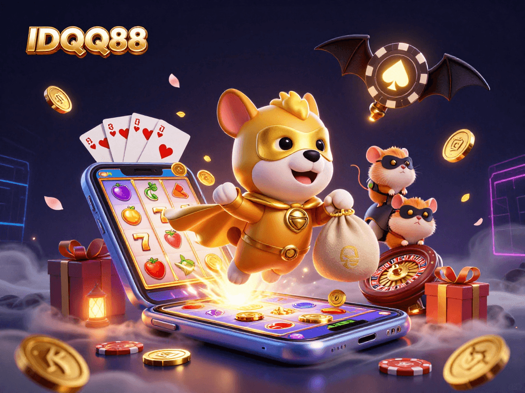 Experience the thrill with IDQQ88, a vibrant 3D illustration showcasing a superhero dog, gaming elements, and rich casino ambiance.