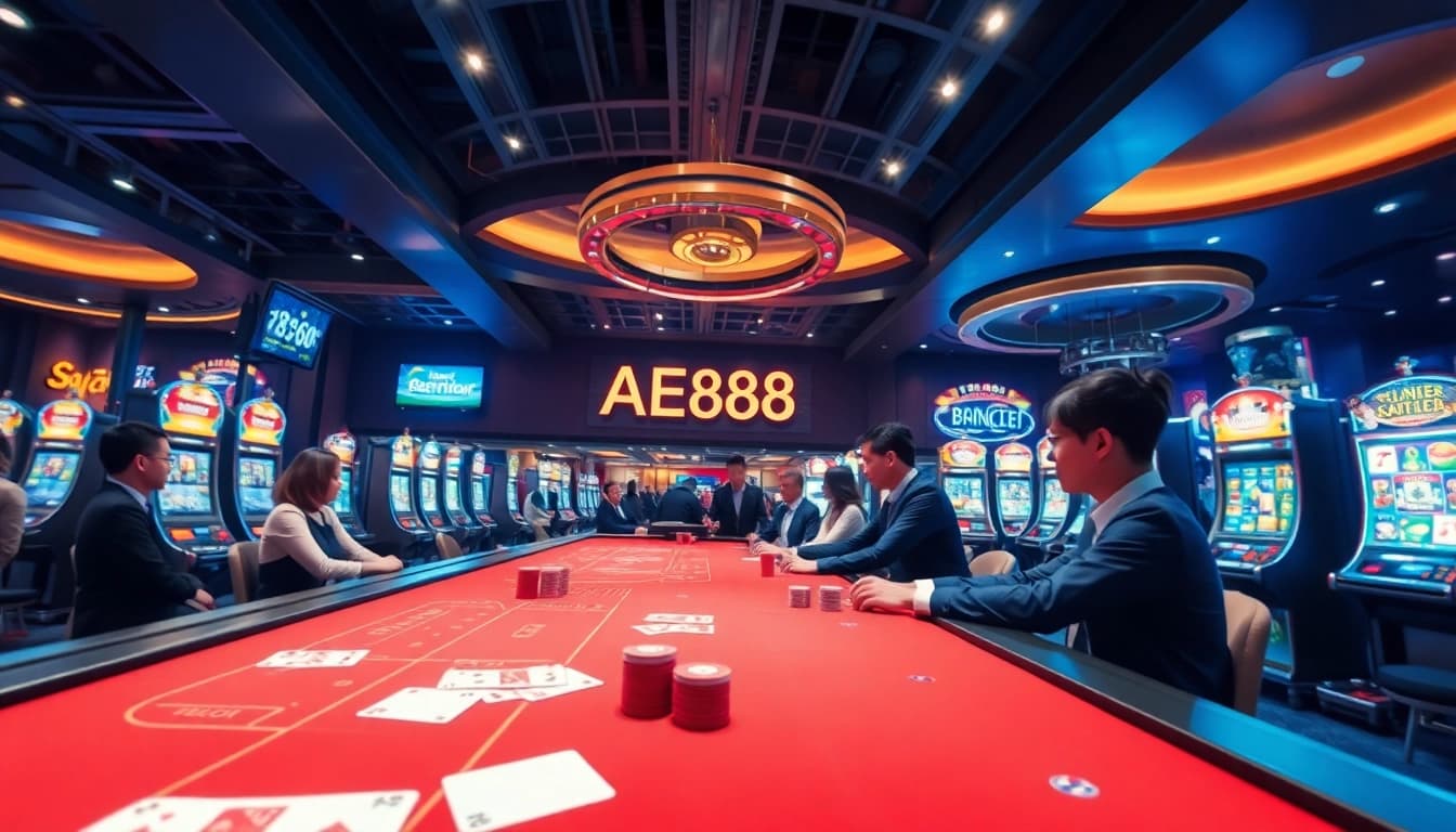 AE888 vibrant online gaming scene with players engaged in baccarat and blackjack