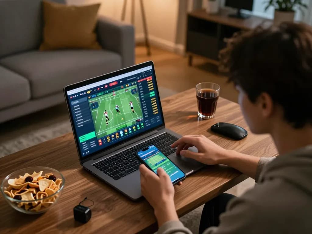 Betting on 78win at home using laptop and smartphone, showcasing exciting sports betting environment.