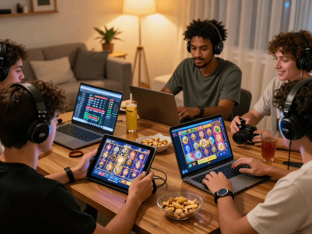 Engaged players experiencing thrilling slot gacor games online with modern devices and real-time RTP data analysis.
