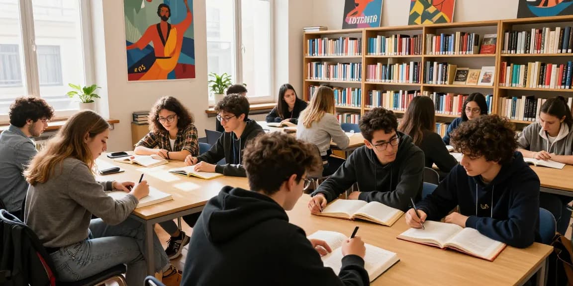 Students studying Italian literature, exploring toto togel concepts in a vibrant library.