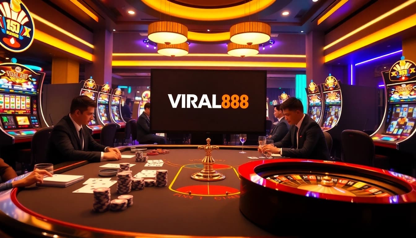 Experience the thrill of winning at VIRAL88 with an immersive casino scene featuring vibrant gambling elements.