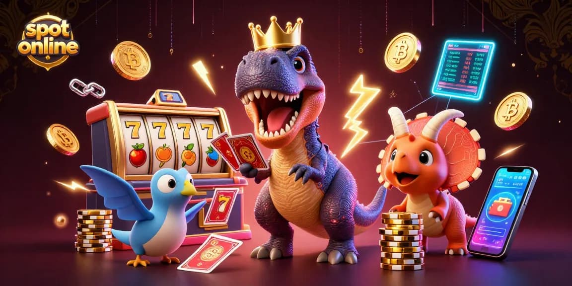 Mainkan slot online di WIN178 dengan T-Rex dan teman-temannya yang mengocok kartu.