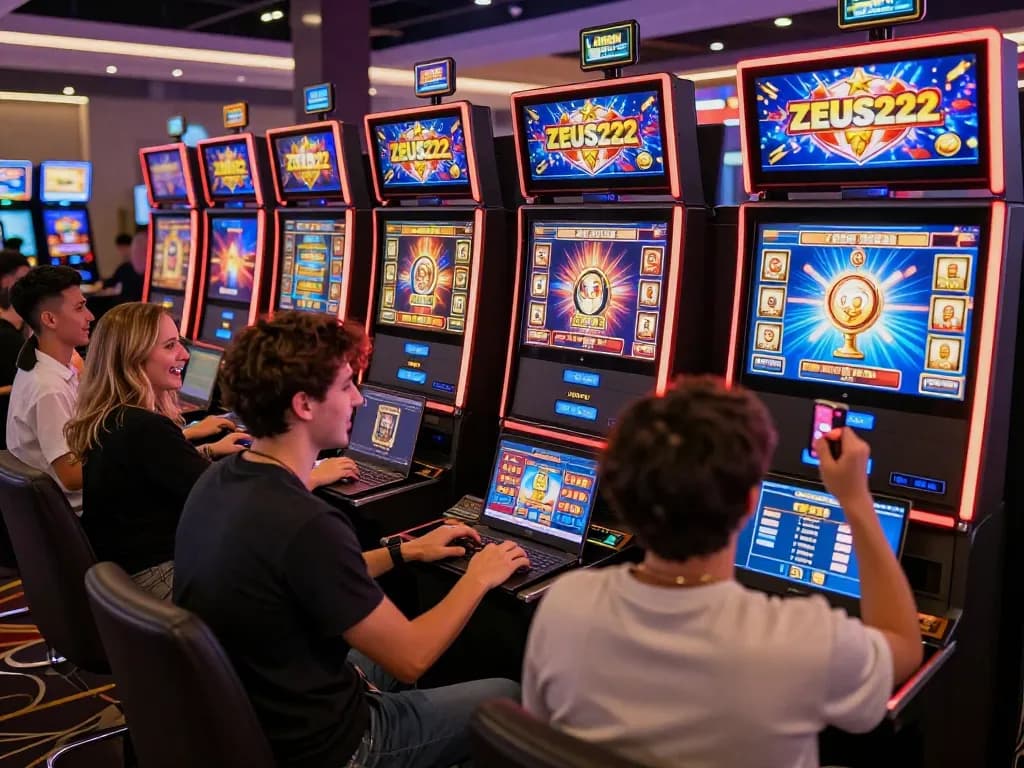 ZEUS222 players enjoying exciting slot games on mobile and laptop devices in an engaging online casino setting.