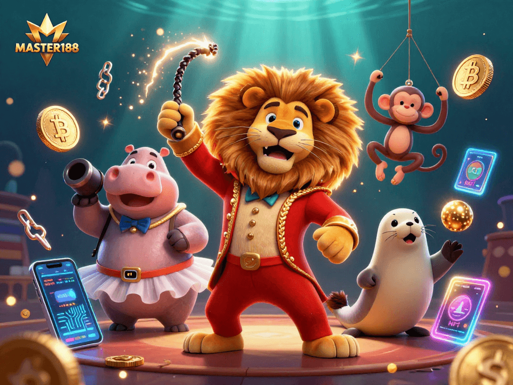 Play at MASTER188 with an exhilarating 3D casino scene featuring vibrant characters and crypto elements.