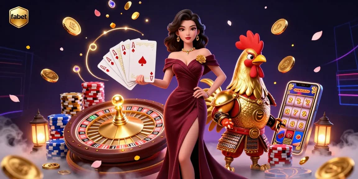 Experience fabet's thrilling action with a glamorous character and golden game elements in a vibrant casino scene.