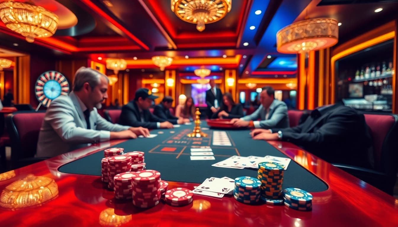 A thrilling scene of poker action capturing the essence of daftar idn poker, showcasing vibrant chips and cards at a casino table.