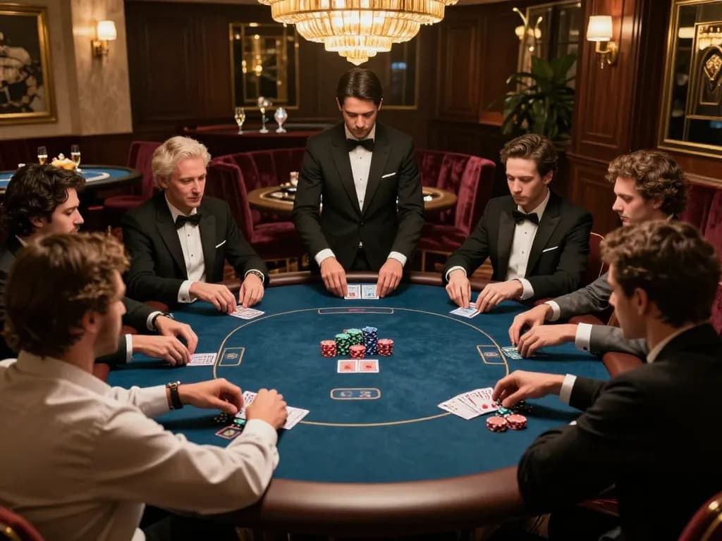 BONGDALU poker players in high-stakes game, showcasing strategic decision-making and luxury setting.