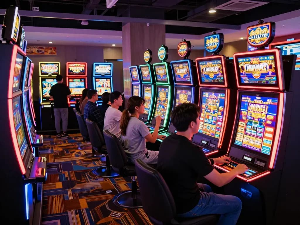 Players enjoying dynamic slot gameplay in a vibrant casino setting with flashing machines and celebratory moments