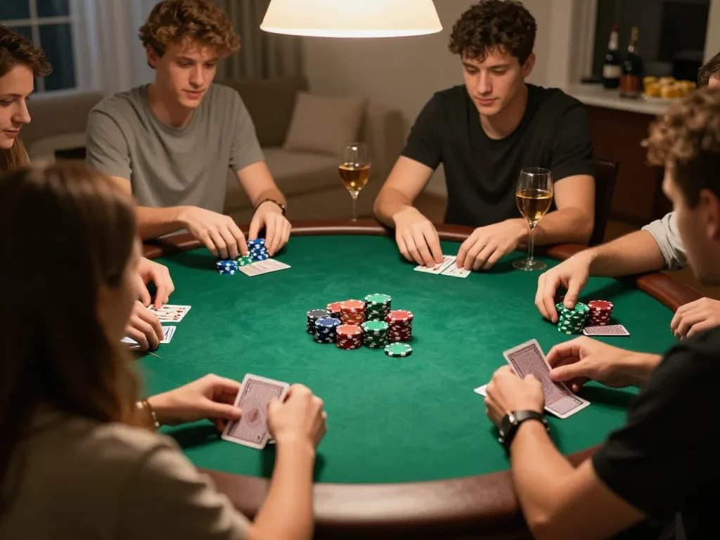 Pemain HOKI368 terlibat dalam strategi selama permainan poker rumahan yang ramah, menunjukkan kebersamaan dan risiko.