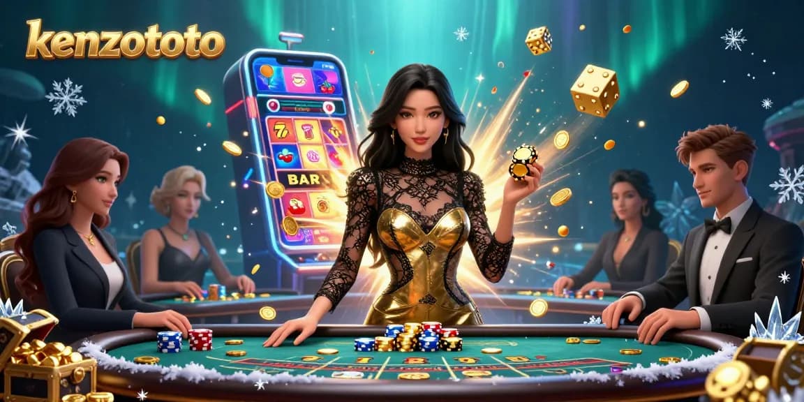 Play thrilling games at kenzototo with an elegant Asian woman at a VIP baccarat table amid dynamic casino visuals.