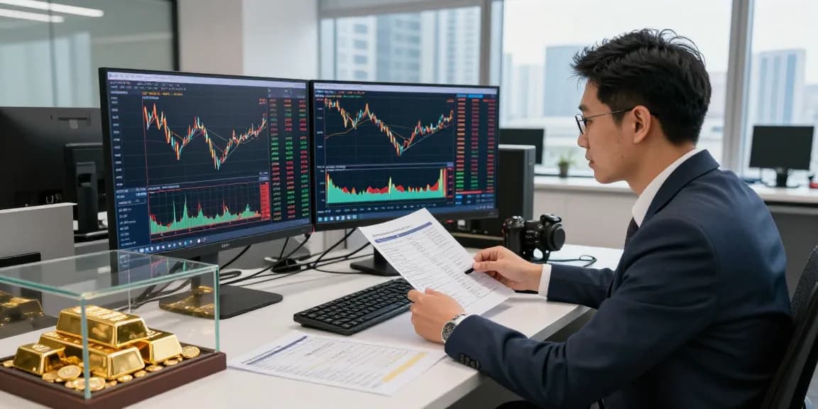 Proses perdagangan emas di kantor modern dengan grafik uangemas99 yang berfluktuasi.