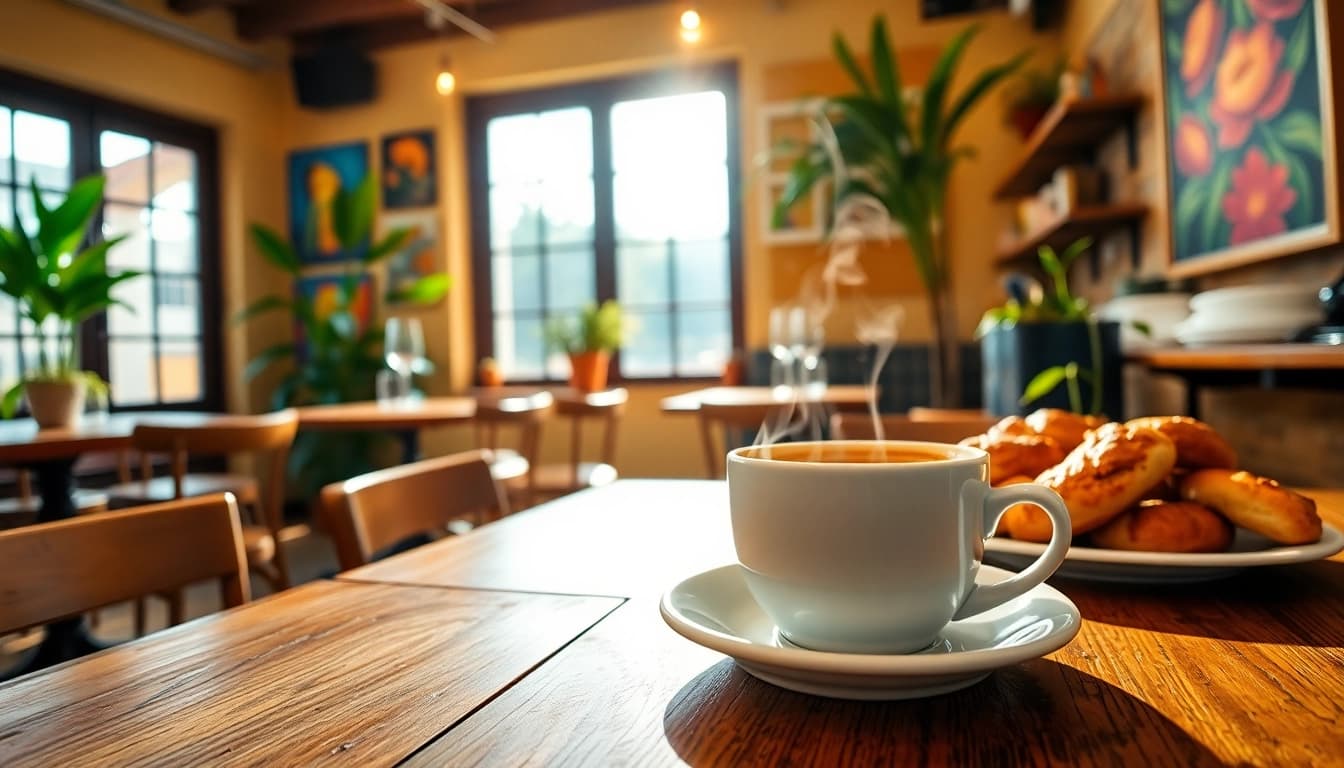 Enjoying a freshly brewed coffee at a charming Coffee shop lloret de mar, surrounded by pastries and sunlight.
