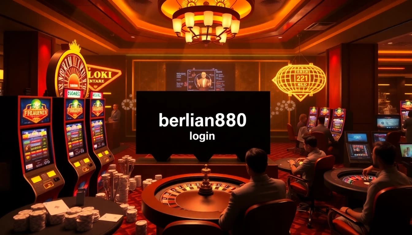 Berlian888 login interface showcasing a luxurious casino environment with slot machines, poker chips, and cards.