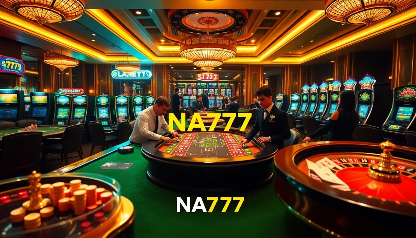 Experience the excitement of NA777 casino gaming with professional dealers and vibrant slot machines.