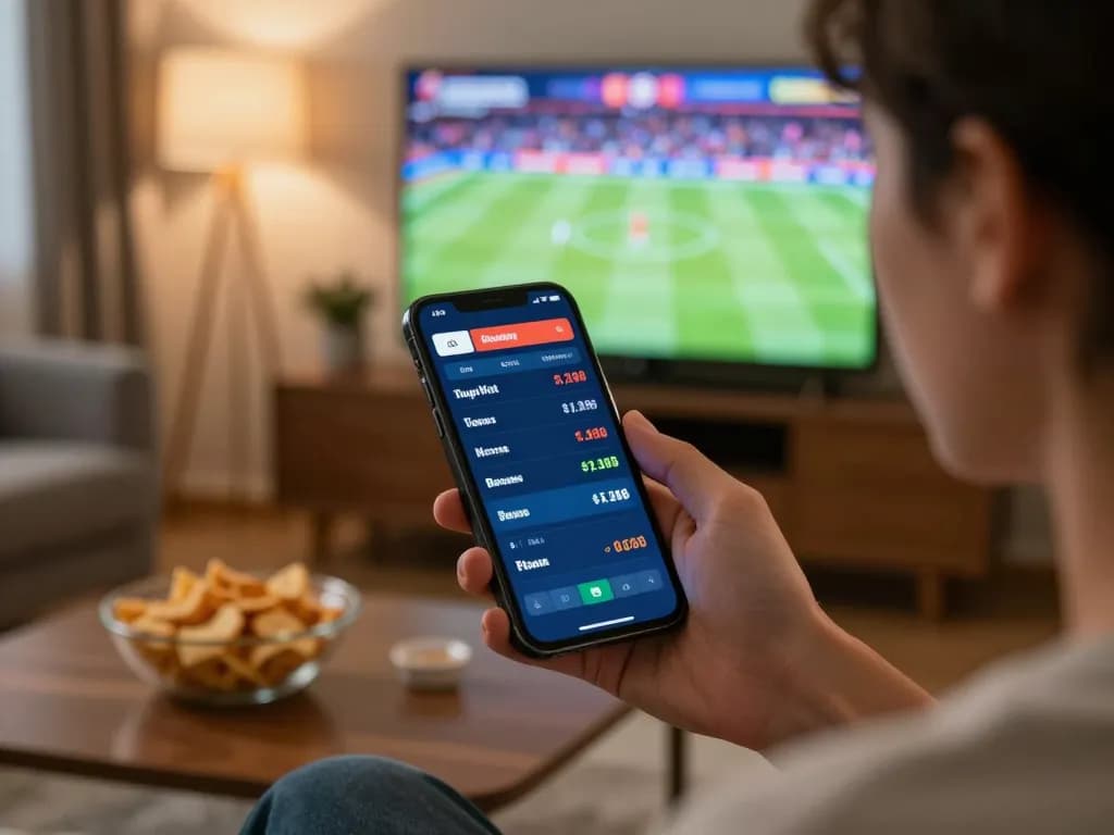 Person engaging in live sports betting on Fun88 mobile app during game night.
