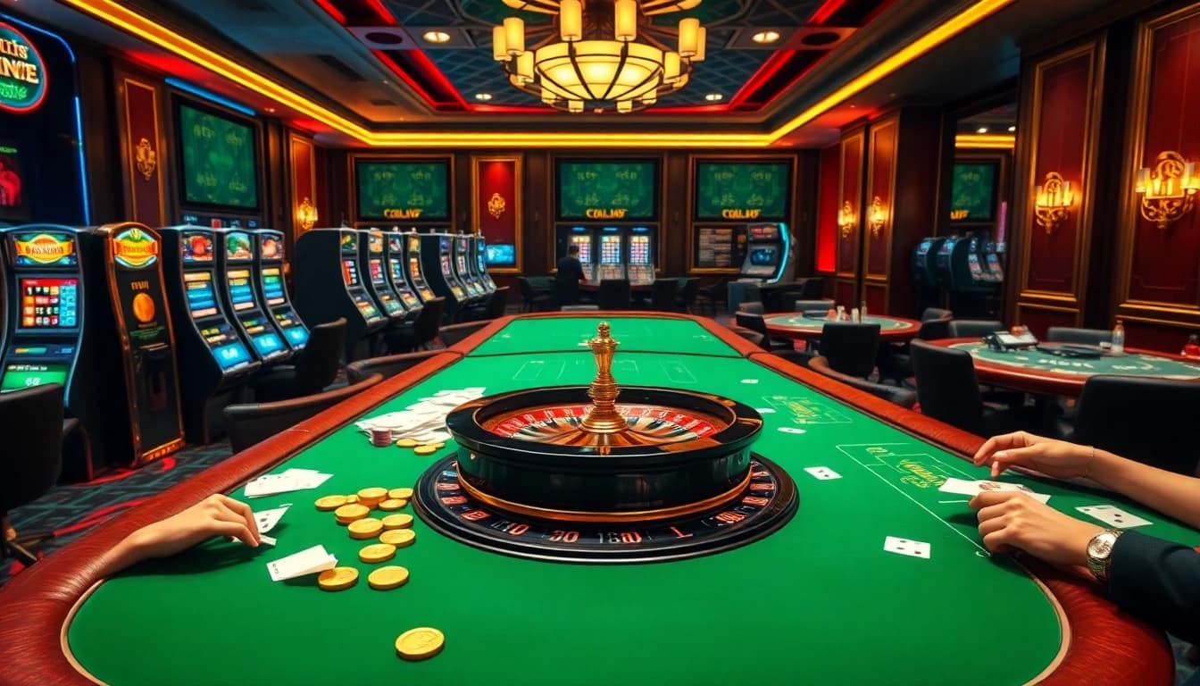 Engaging gamblers at thabet777 with vibrant online casino visuals showcasing tables, chips, and slot machines.