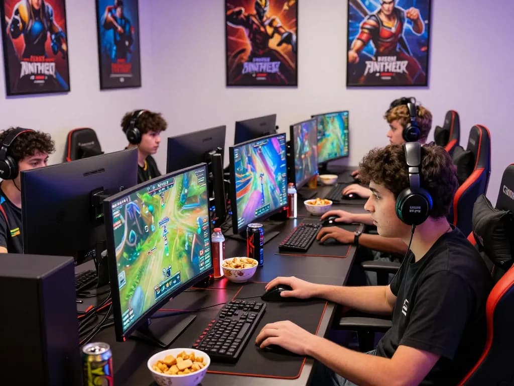 Players engaged in competitive gaming with WOLES88. High-performance setups and vibrant atmosphere.