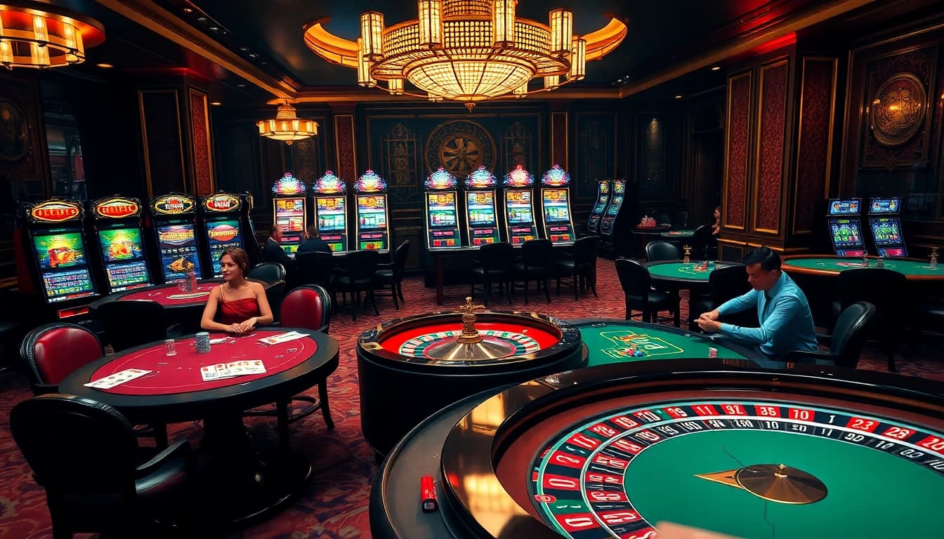 Players enjoying an exciting poker game at jagoan86's luxurious casino tables with vibrant chips.