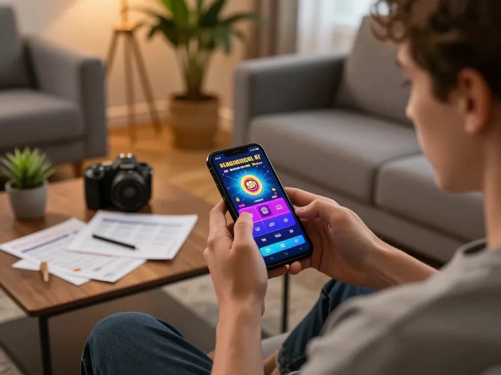 Player engaging with Kenzobet app for slot games on smartphone in cozy home setting.