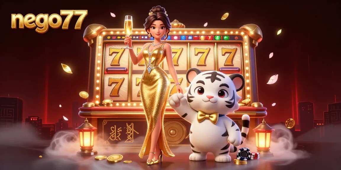 Experience thrilling gameplay at nego77 with a glamorous woman and lucky tiger cub amidst vibrant casino elements.