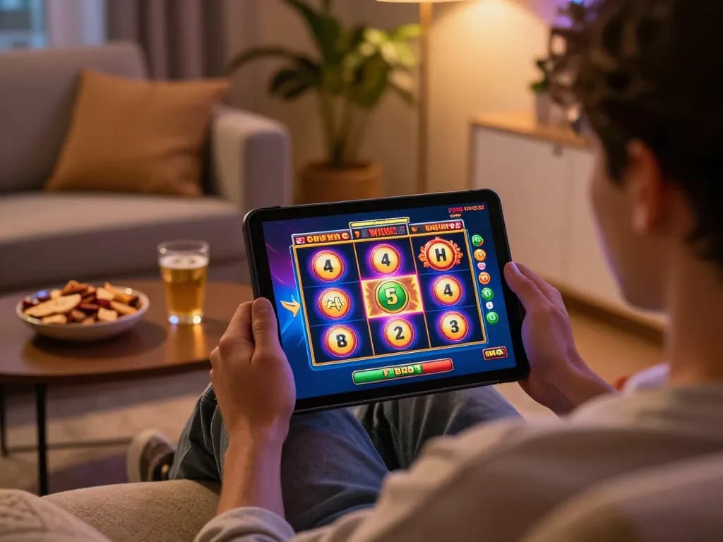 Engaged player enjoying slot games on Okeslot while relaxing at home with snacks and drinks.