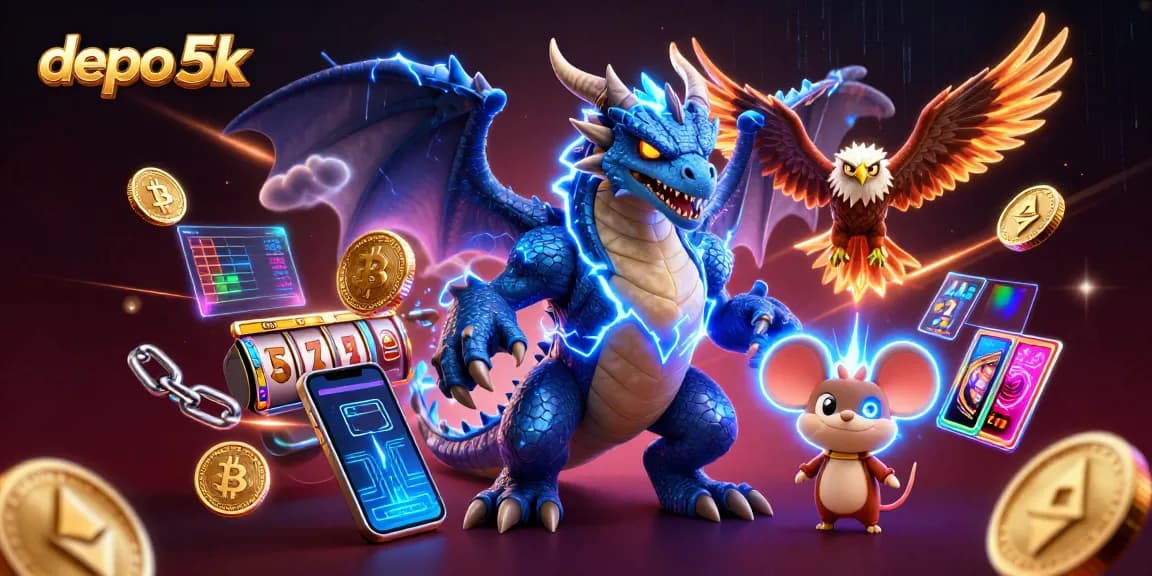Engage with depo 5k slot gaming experience featuring cartoon dragon and hawk amidst vibrant casino elements.