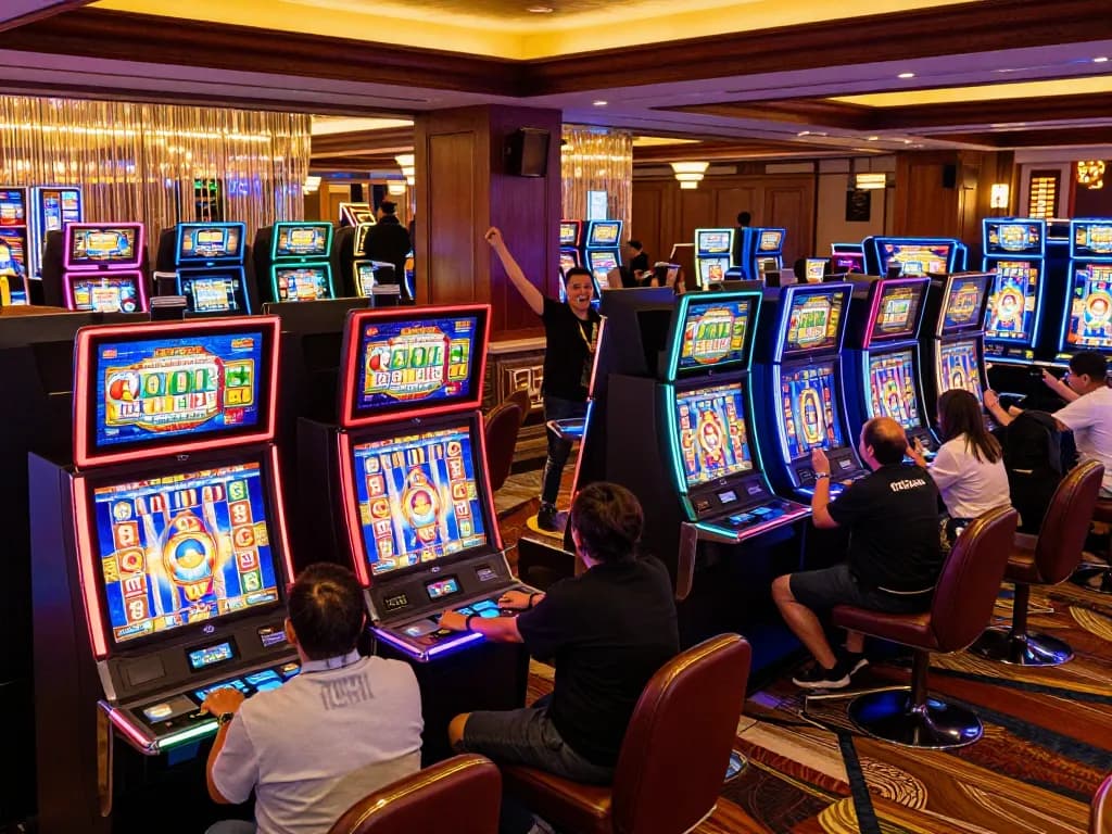 Engaged players celebrating wins at qqalfa slot machines in a vibrant casino environment.