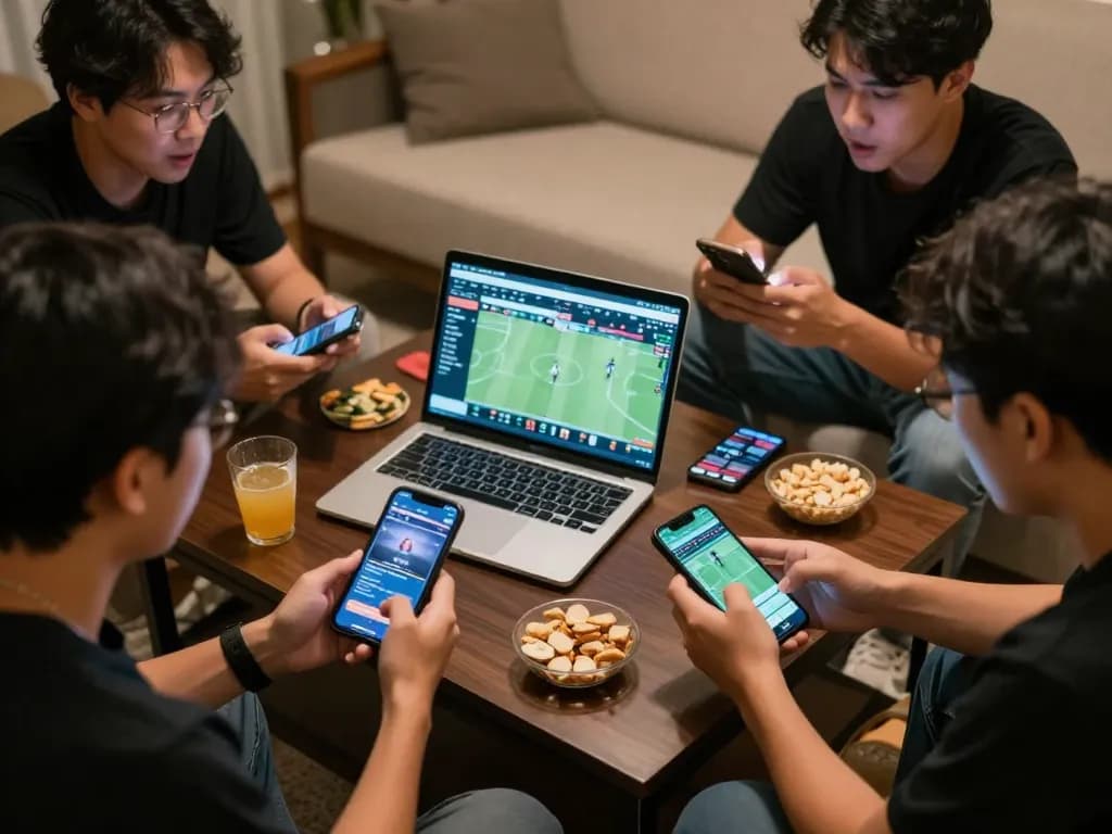 Sports betting enthusiasts analyzing keo nha cai on smartphones during a friendly game night.