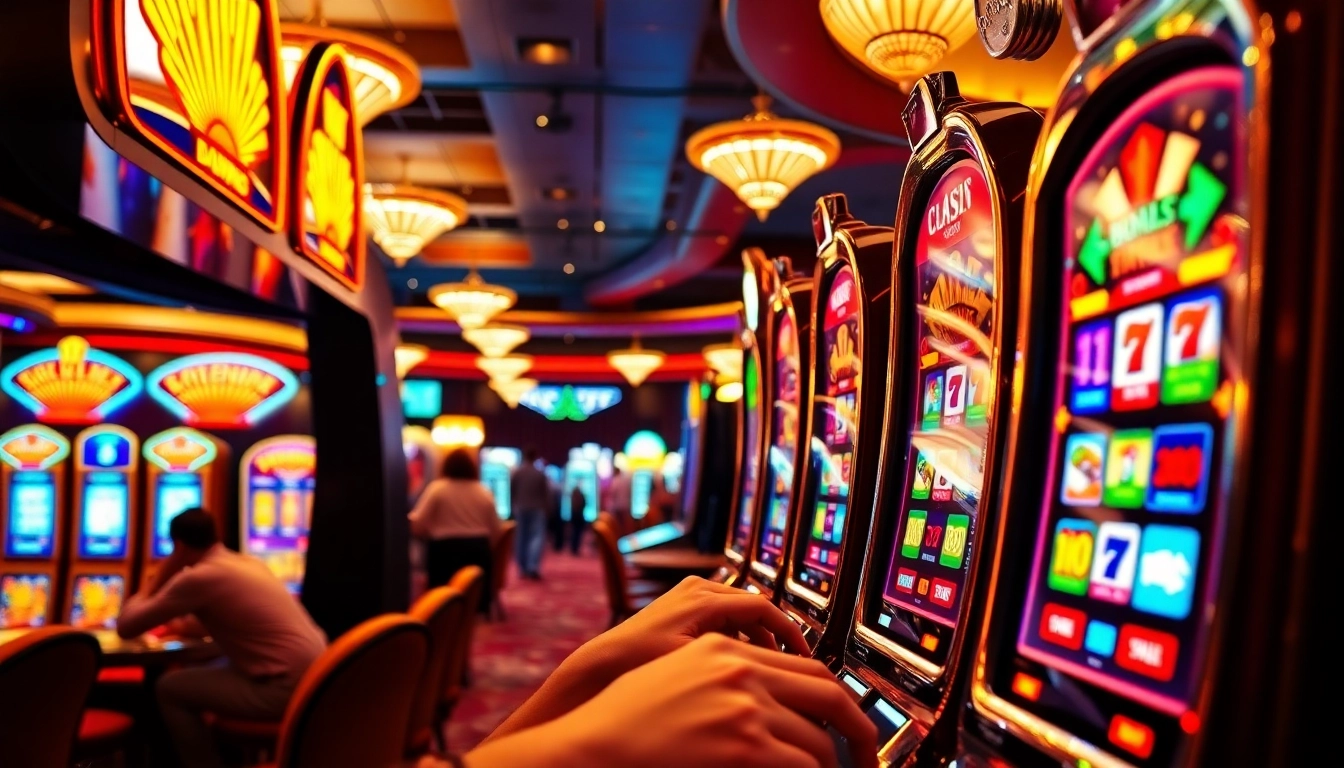Slot machines menarik perhatian di kasino yang hidup dan penuh warna.