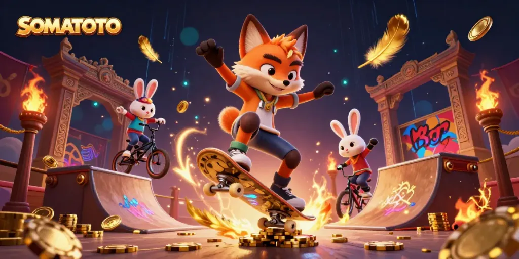 SOMATOTO gameplay visual featuring a fox performing tricks on poker chips, surrounded by casino elements