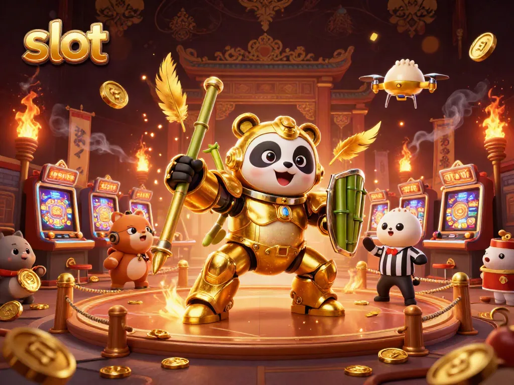 Mesin slot emas yang berputar di kasino virtual yang bergaya, dengan karakter panda melawan robot berwarna emas.