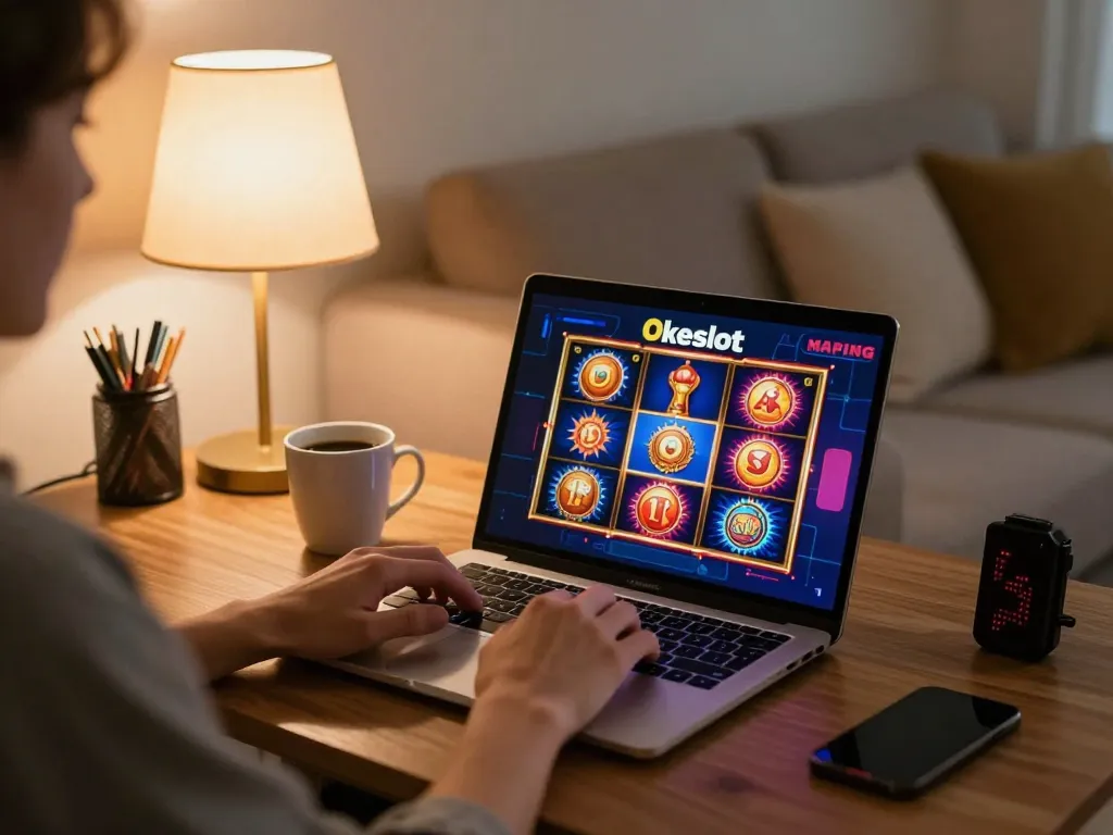 Pemain yang terlibat menikmati permainan slot di Okeslot dalam pengaturan rumah yang nyaman.