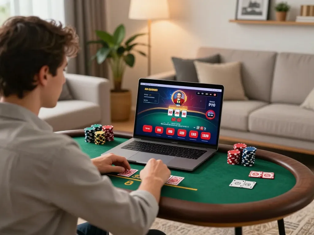 LGO99 player enjoying live dealer poker in a cozy home setting, showcasing responsible gaming.