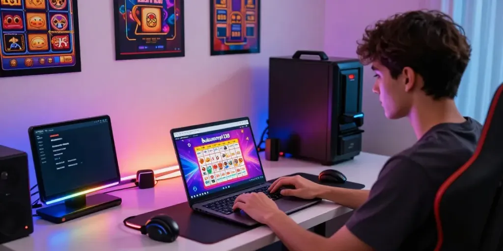 Gamer menggunakan bukumimpi138 di ruang kerja modern dengan semangat.