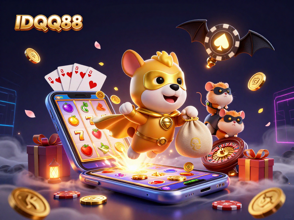 Experience the thrill with IDQQ88, a vibrant 3D illustration showcasing a superhero dog, gaming elements, and rich casino ambiance.