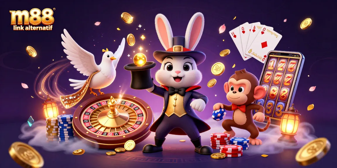 Experience the excitement with the m88 link alternatif, featuring a magician rabbit pulling coins and poker chips in a vibrant casino scene.