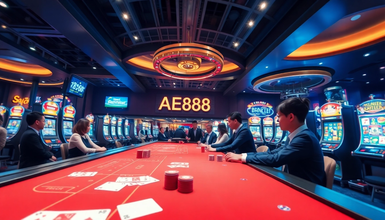 AE888 vibrant online gaming scene with players engaged in baccarat and blackjack