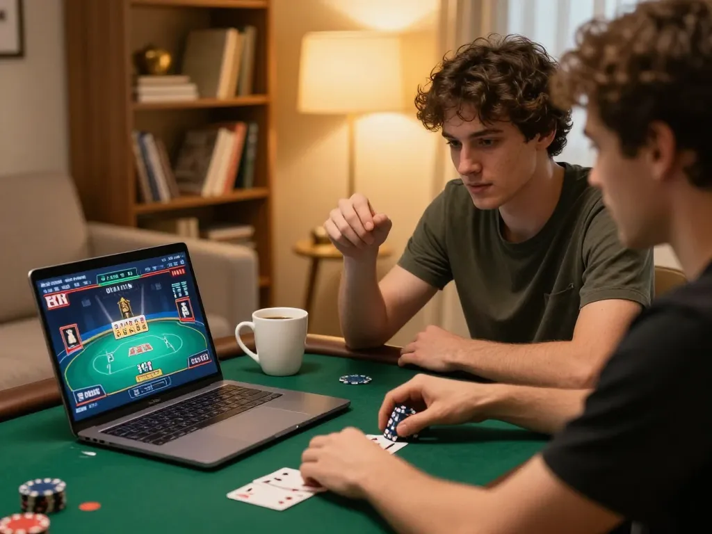 Player immerses in Sunwin poker game at home, showcasing strategic online gambling