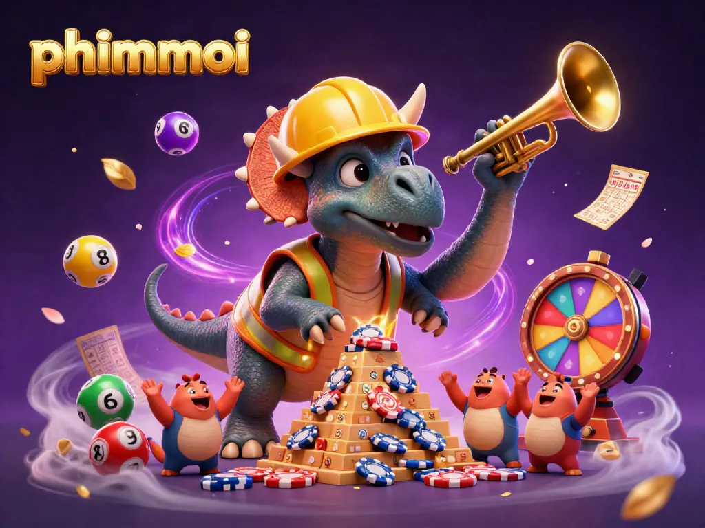 Experience the excitement of phimmoi￼ with a vibrant 3D casino scene featuring dinosaurs and dynamic lottery elements.