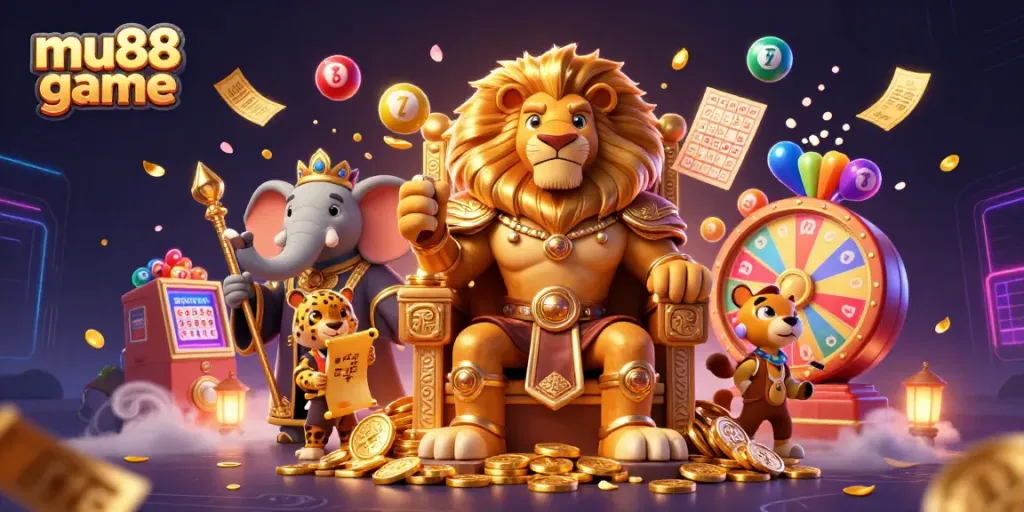 Experience the excitement of mu88 game with a vibrant 3D casino illustration featuring key characters and gaming elements.