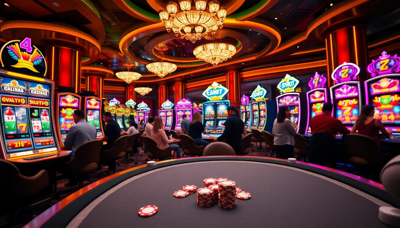 Excited players engage with slot machines at a glamorous casino, showcasing link alternatif slot opportunities.
