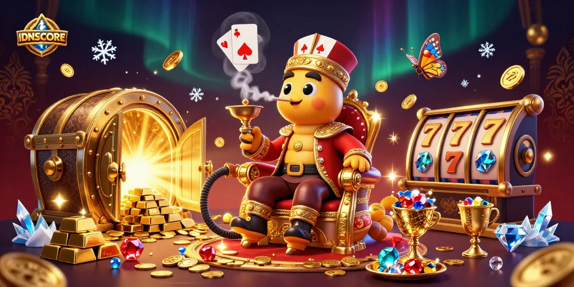 IDNSCORE promotes winning at online games with a vibrant 3D casino illustration packed with rich visual elements.
