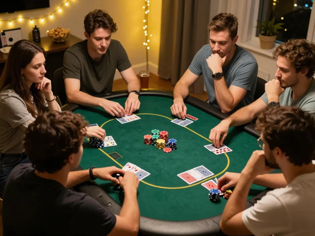 Nego77 players enjoying a thrilling poker game night, analyzing strategies and enjoying snacks.
