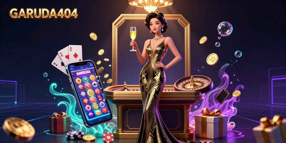 Experience the excitement of GARUDA404 with vibrant casino games and elegant design in this dynamic illustration.