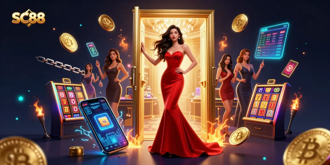 Experience thrilling gaming at SC88, highlighted by a stunning woman in luxury, immersed in a vibrant casino atmosphere.
