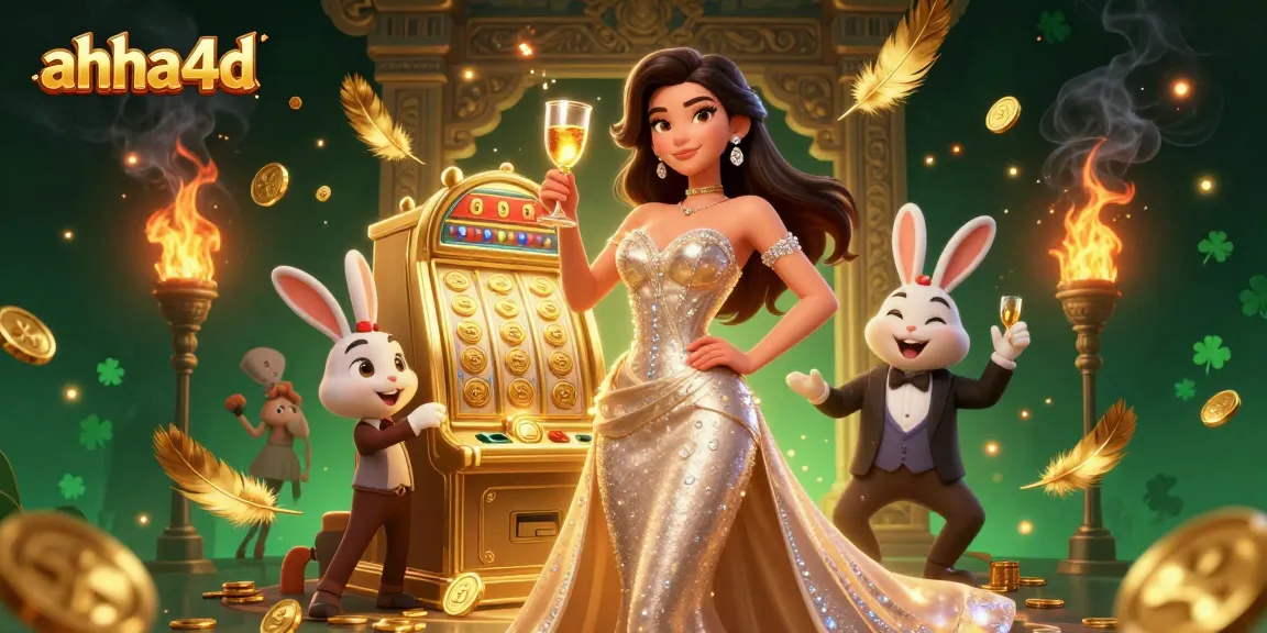 Experience the excitement of ahha4d with a stunning woman celebrating near a jackpot slot machine, surrounded by vibrant casino elements.
