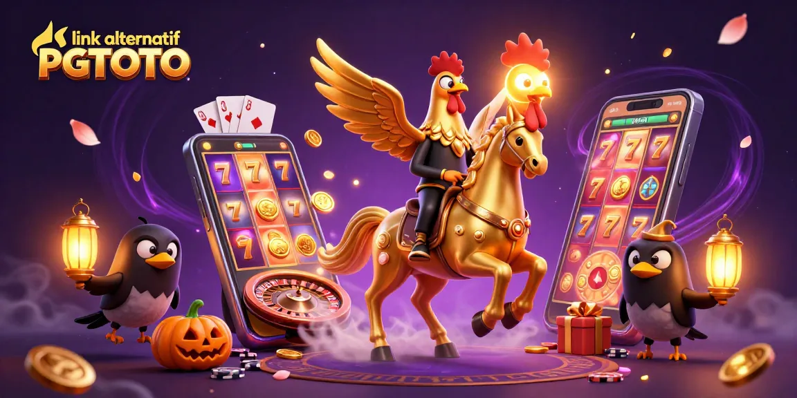 Engage with link alternatif PGTOTO showcasing a lively casino scene featuring a golden rooster and vibrant characters.