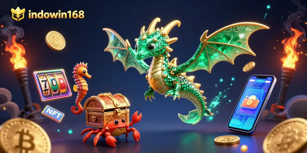 Play exciting games at indowin168 with vibrant 3D characters surrounded by crypto elements and slot machines.