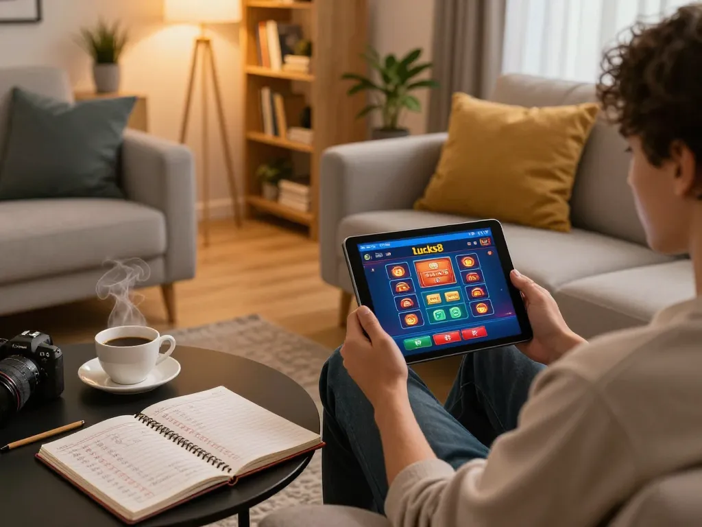 Player using the lucks8 tablet in a cozy living room for engaging online casino gameplay.